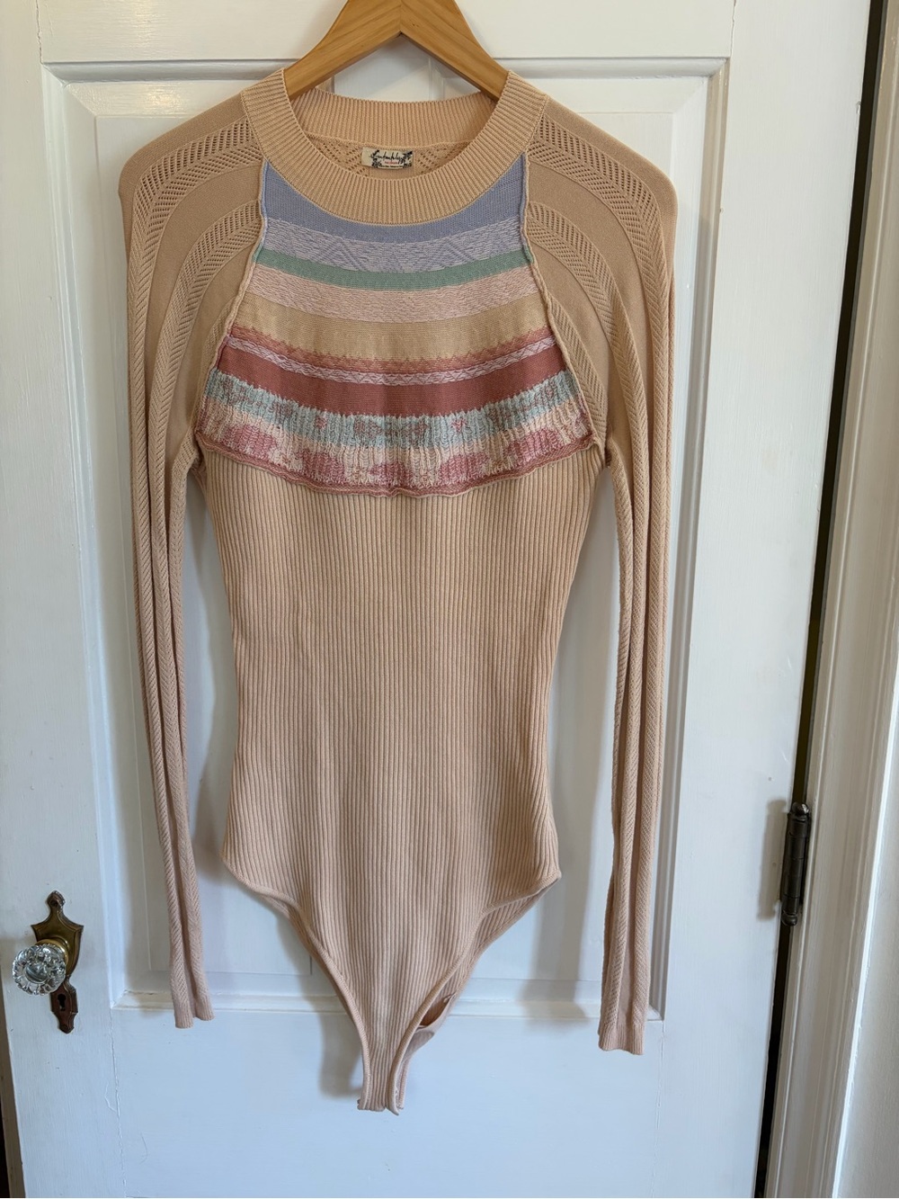Free People XL Long-Sleeve Rib Knit Sweater Bodysuit with Pastel Stripe Yoke